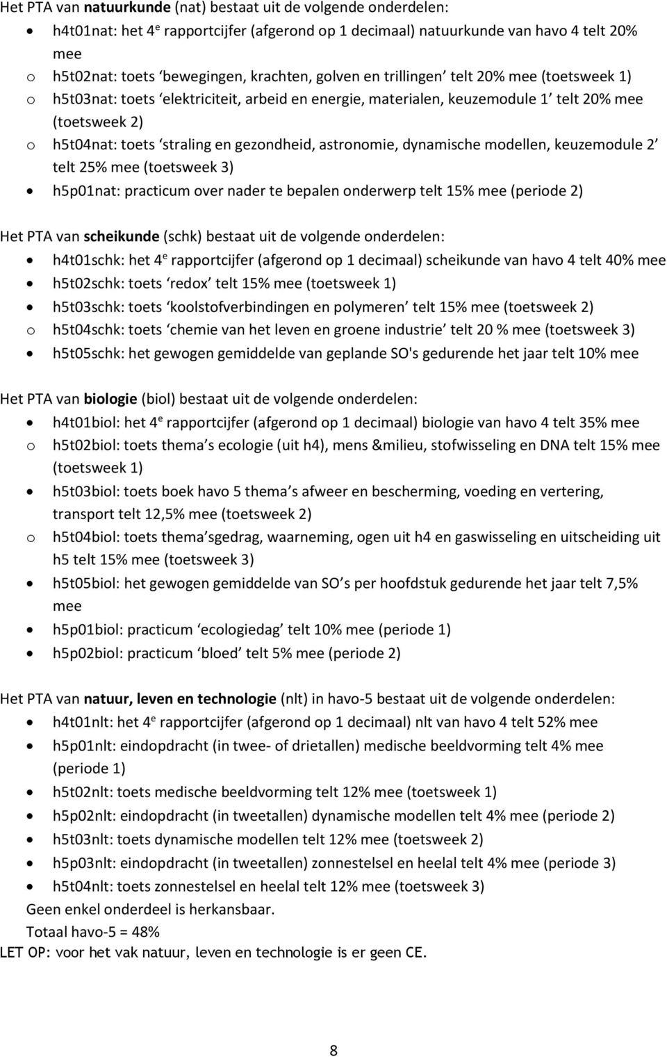 dynamische modellen, keuzemodule 2 telt 25% (toetsweek 3) h5p01nat: practicum over nader te bepalen onderwerp telt 15% (periode 2) Het PTA van scheikunde (schk) bestaat uit de volgende onderdelen: