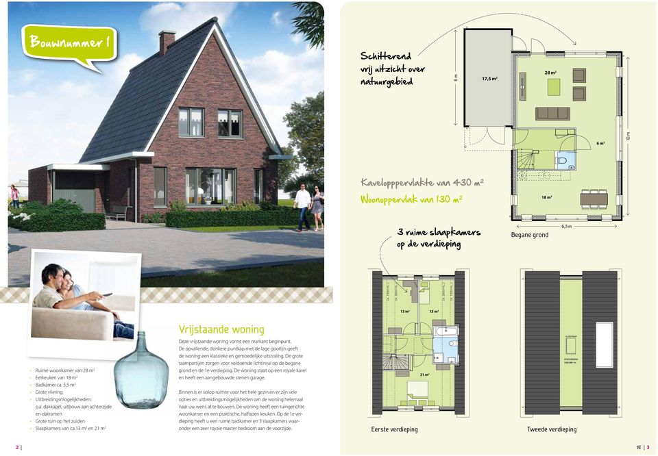 13 m en 1 m 6 m Deze vrijstaande woning vormt een markant beginpunt. De opvallende, donkere puntkap met de lage gootlijn geeft de woning een klassieke en gemoedelijke uitstraling.