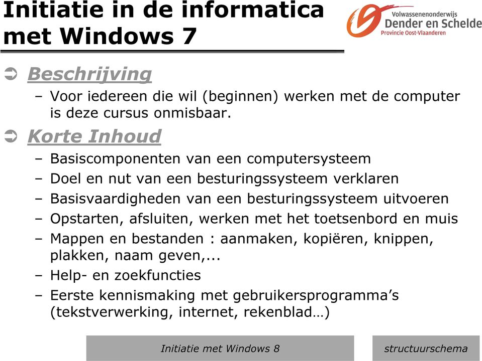 uitvoeren Opstarten, afsluiten, werken met het toetsenbord en muis Mappen en bestanden : aanmaken, kopiëren, knippen, plakken, naam