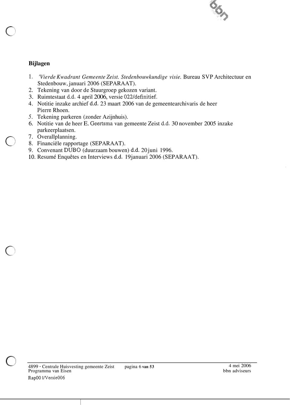 Notitie van de heer E. Geertsma van gemeente Zeist d.d. 30 november 2005 inzake parkeerplaatsen. 7. Overallplanning. 8. Financiële rapportage (SEPARAAT).. Convenant DUB0 (duurzaam bouwen) d.d. 20 juni 16.