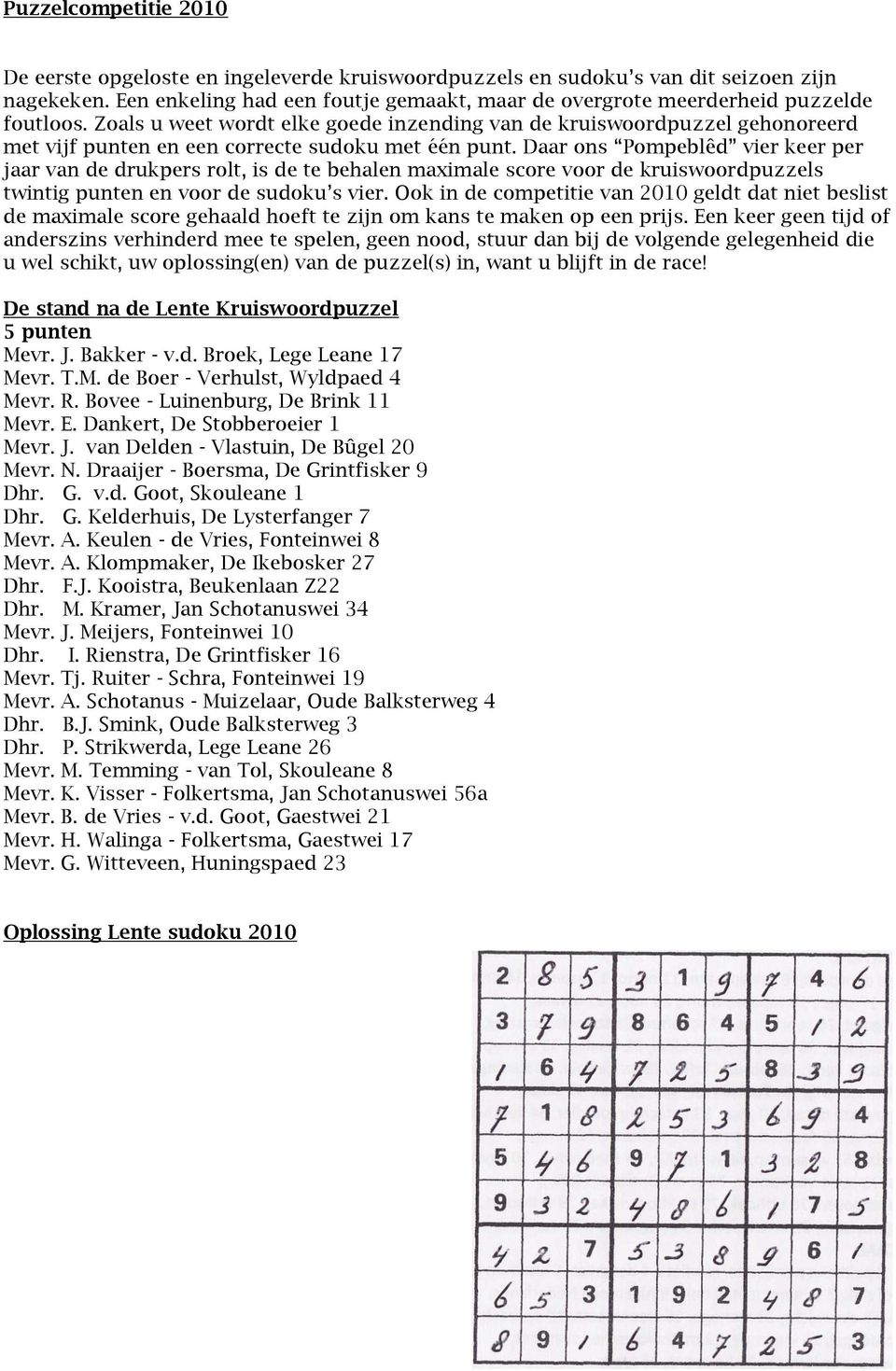 Zoals u weet wordt elke goede inzending van de kruiswoordpuzzel gehonoreerd met vijf punten en een correcte sudoku met één punt.