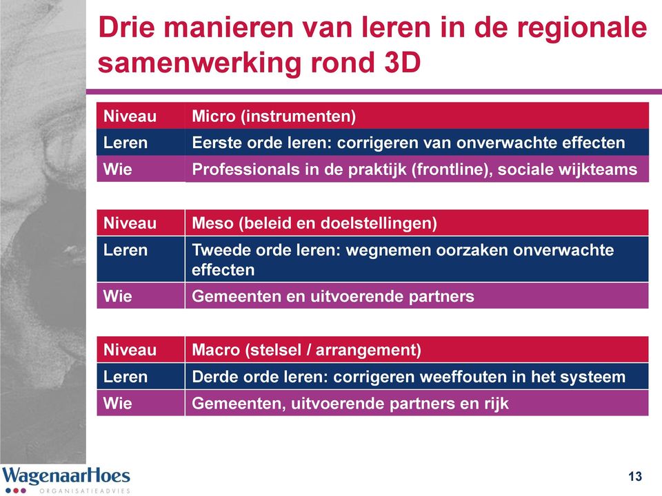 doelstellingen) Tweede orde leren: wegnemen oorzaken onverwachte effecten Gemeenten en uitvoerende partners Niveau Leren Wie