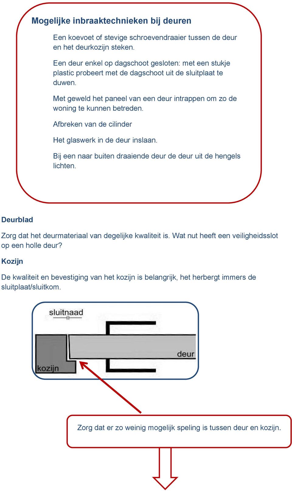 Met geweld het paneel van een deur intrappen om zo de woning te kunnen betreden. Afbreken van de cilinder Het glaswerk in de deur inslaan.