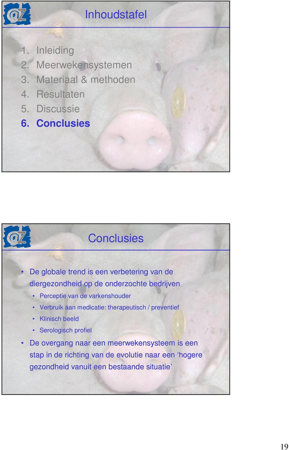 Perceptie van de varkenshouder Verbruik aan medicatie: therapeutisch / preventief Klinisch beeld Serologisch profiel