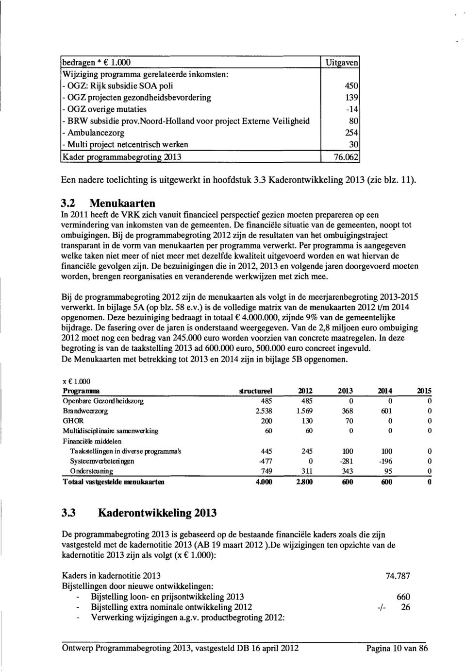 3 Kaderontwikkeling 2013 (zie blz. 11). 3.2 Menukaarten In 2011 heeft de VRK zich vanuit financieel perspectief gezien moeten prepareren op een vermindering van inkomsten van de gemeenten.