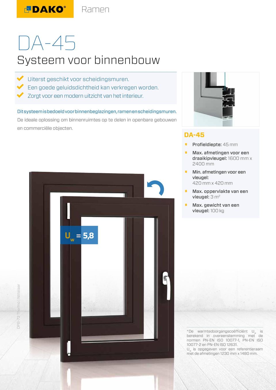 afmetingen voor een draaikipvleugel: 1600 mm x 2400 mm Min. afmetingen voor een vleugel: 420 mm x 420 mm Max. oppervlakte van een vleugel: 3 m 2 Max.