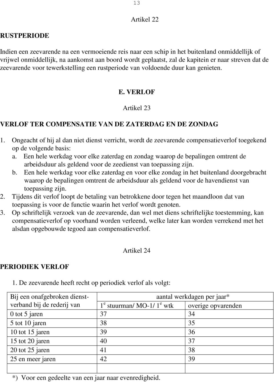 Ongeacht of hij al dan niet dienst verricht, wordt de zeevarende compensatieverlof toegekend op de volgende basis: a.