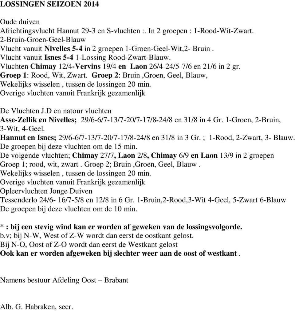 Vluchten Chimay 12/4-Vervins 19/4 en Laon 26/4-24/5-7/6 en 21/6 in 2 gr. Groep 1: Rood, Wit, Zwart. Groep 2: Bruin,Groen, Geel, Blauw, Wekelijks wisselen, tussen de lossingen 20 min.