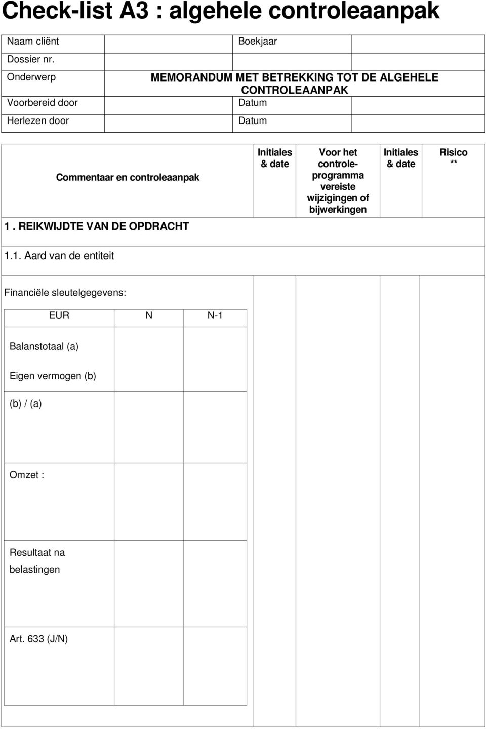 Commentaar en controleaanpak Voor het controleprogramma vereiste wijzigingen of bijwerkingen Risico ** 1.