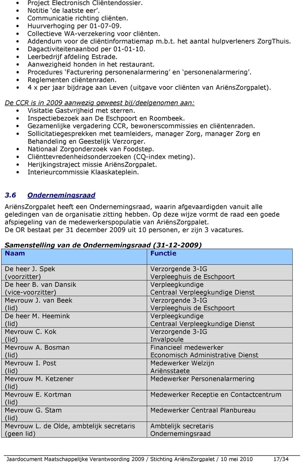 Procedures Facturering personenalarmering en personenalarmering. Reglementen cliëntenraden. 4 x per jaar bijdrage aan Leven (uitgave voor cliënten van AriënsZorgpalet).