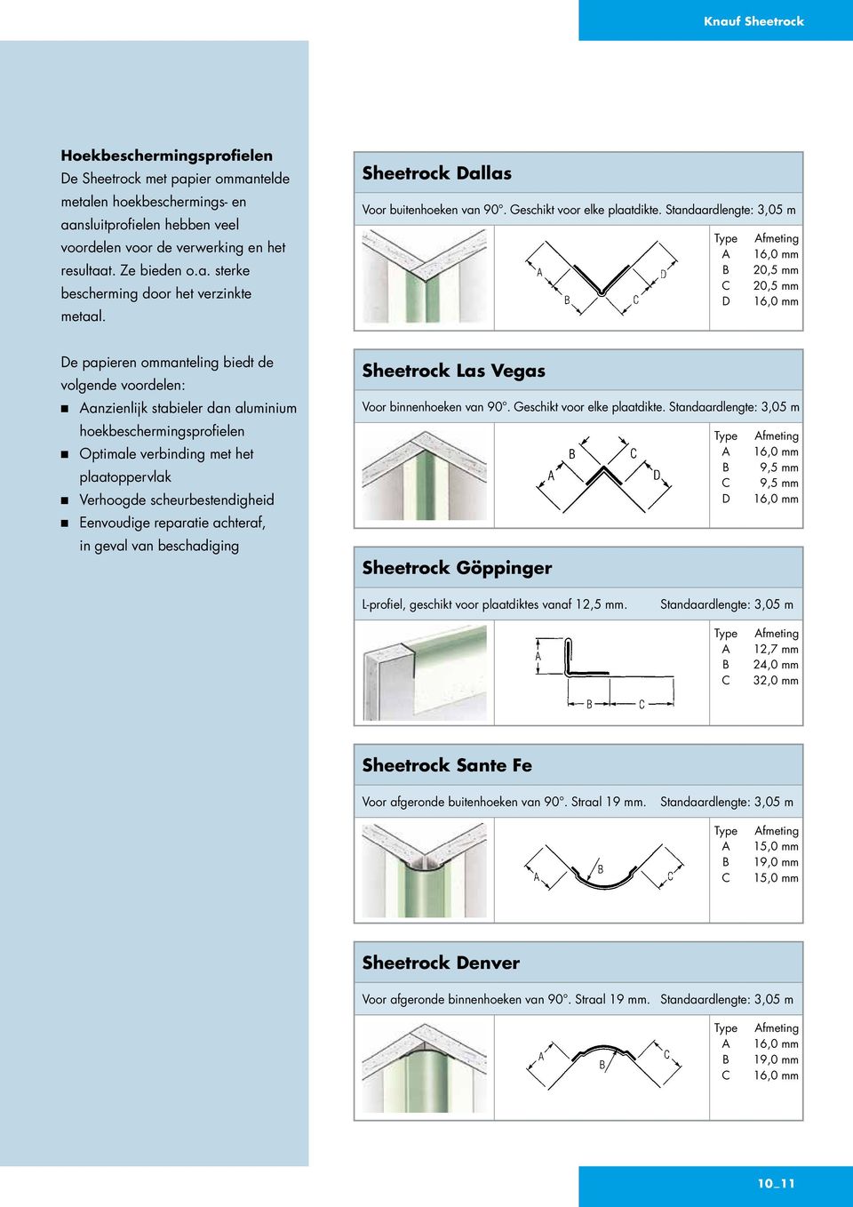 Standaardlengte: 3,05 m Type A B C D Afmeting 16,0 mm 20,5 mm 20,5 mm 16,0 mm De papieren ommanteling biedt de volgende voordelen: Aanzienlijk stabieler dan aluminium hoekbeschermingsprofielen