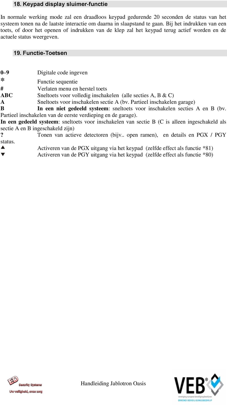 Functie-Toetsen 0 9 Digitale code ingeven * Functie sequentie # Verlaten menu en herstel toets ABC Sneltoets voor volledig inschakelen (alle secties A, B & C) A Sneltoets voor inschakelen sectie A