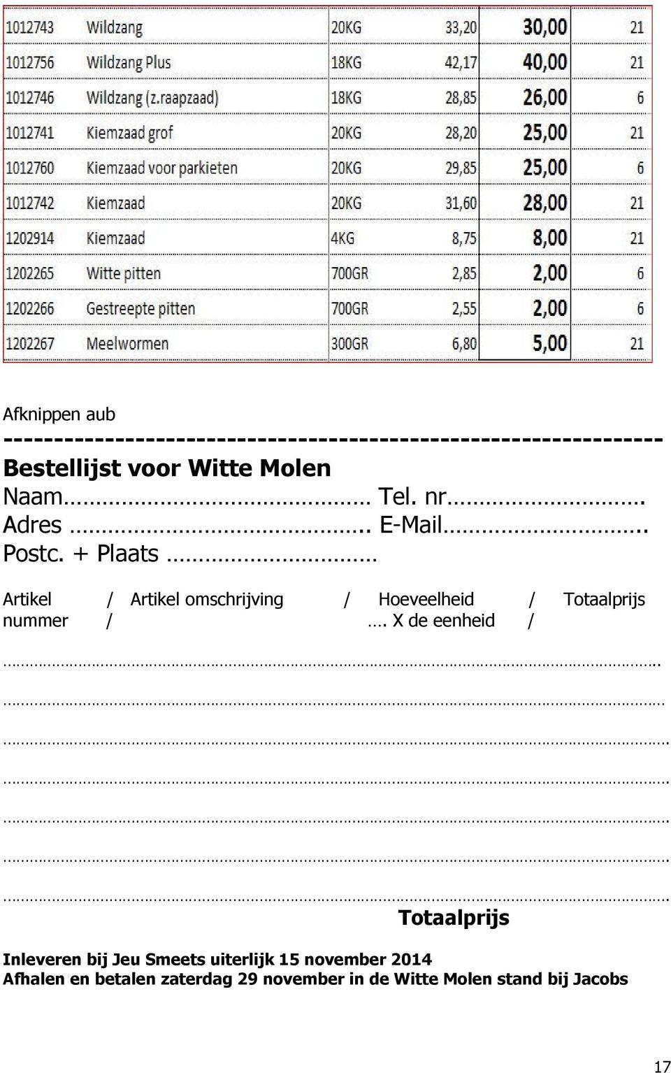 + Plaats Artikel / Artikel omschrijving / Hoeveelheid / Totaalprijs nummer /. X de eenheid /.