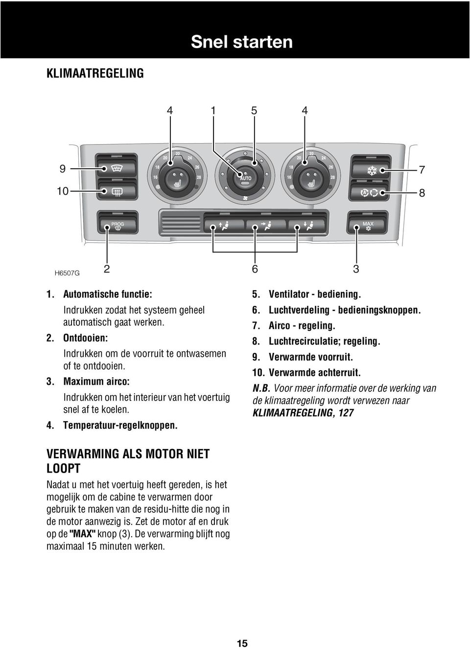 Luchtrecirculatie; regeling. 9. Verwarmde voorruit. 0. Verwarmde achterruit. N.B.