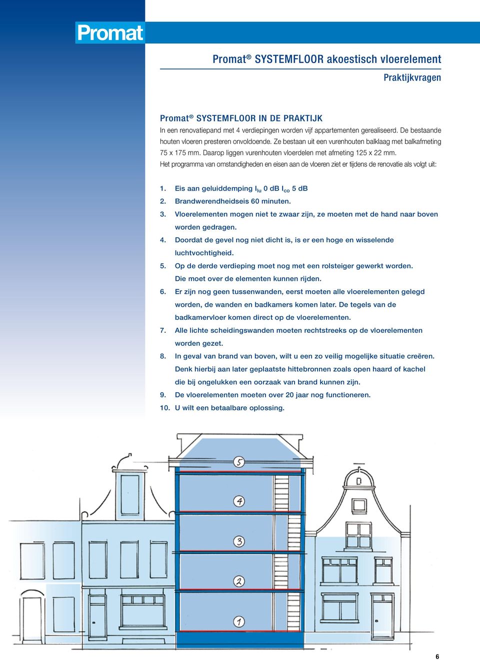 Het programma van omstandigheden en eisen aan de vloeren ziet er tijdens de renovatie als volgt uit: 1. Eis aan geluiddemping I lu 0 db I co 5 db 2. Brandwerendheidseis 60 minuten. 3.