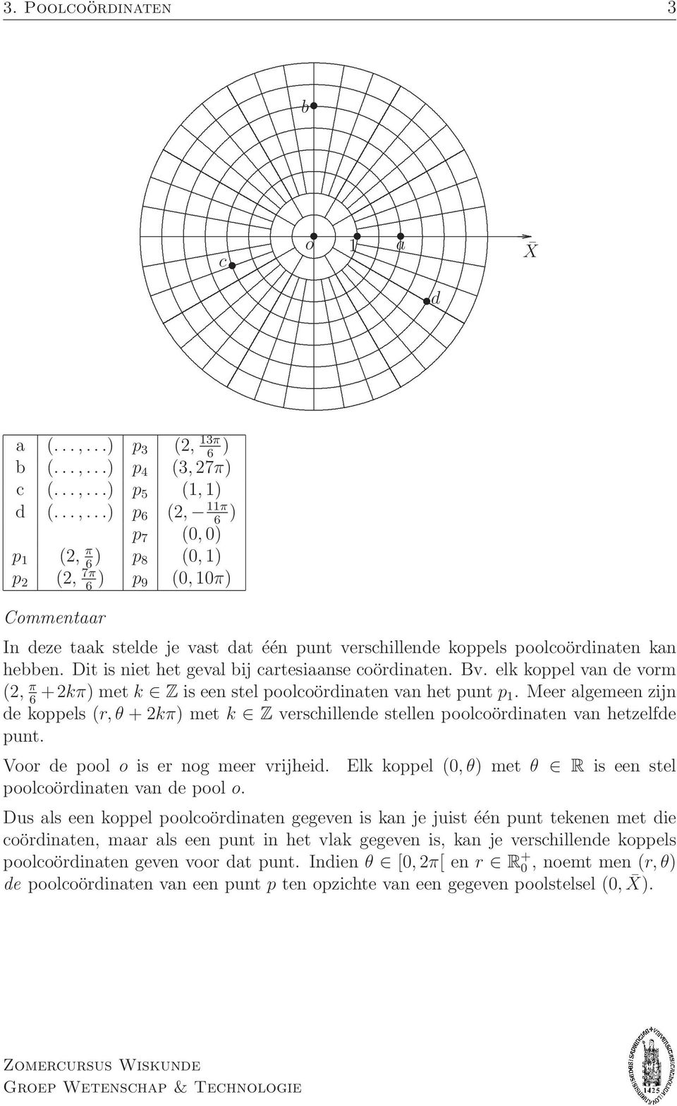 van het punt p Meer algemeen zijn de koppels (r, θ + 2kπ) met k Z verschillende stellen poolcoördinaten van hetzelfde punt Voor de pool o is er nog meer vrijheid Elk koppel (0,θ) met θ R is een stel