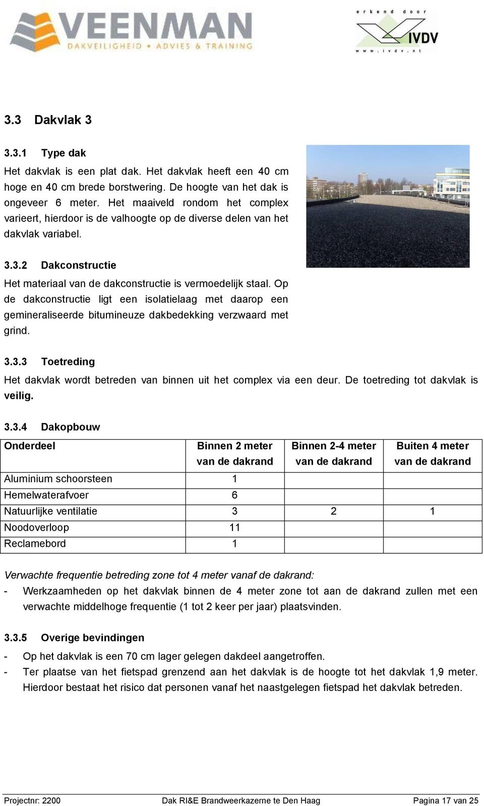 Op de dakconstructie ligt een isolatielaag met daarop een gemineraliseerde bitumineuze dakbedekking verzwaard met grind. 3.