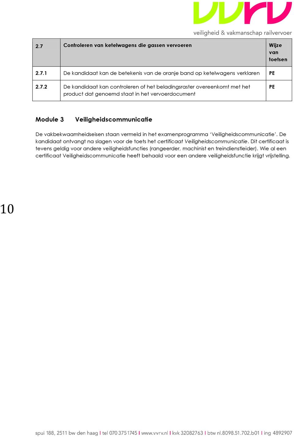 examenprogramma Veiligheidscommunicatie. De kandidaat ontgt na slagen voor de toets het certificaat Veiligheidscommunicatie.