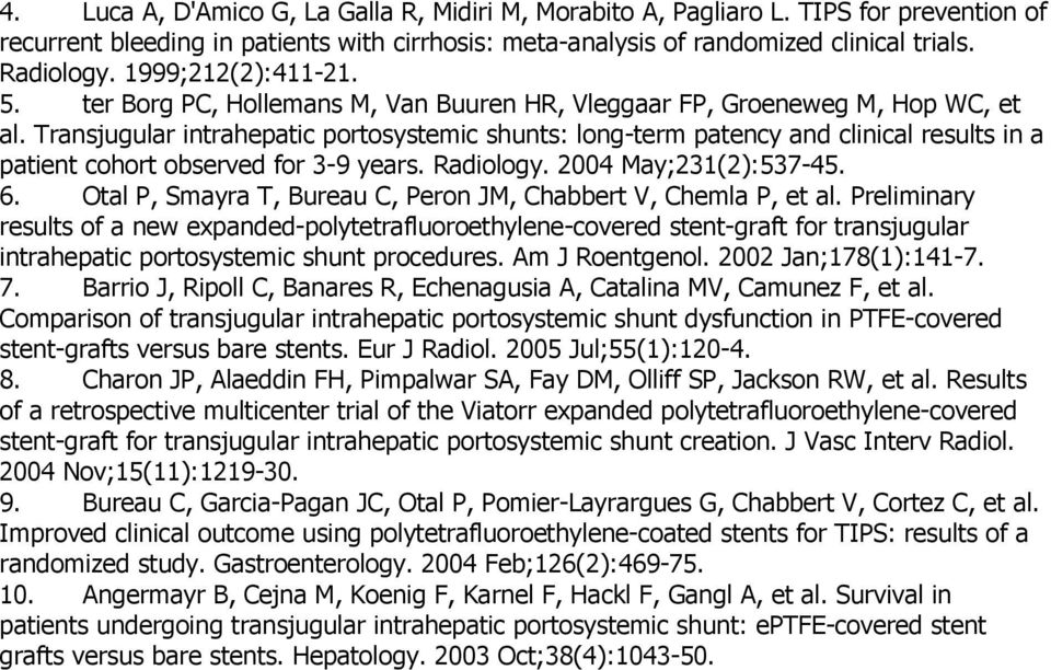 Transjugular intrahepatic portosystemic shunts: long-term patency and clinical results in a patient cohort observed for 3-9 years. Radiology. 2004 May;231(2):537-45. 6.