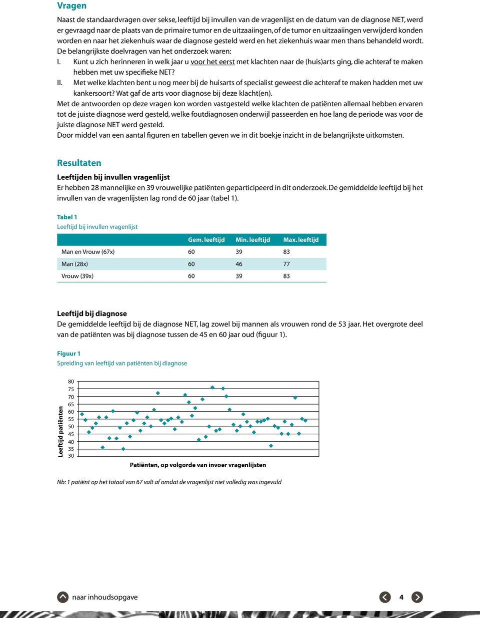 De belangrijkste doelvragen van het onderzoek waren: I. Kunt u zich herinneren in welk jaar u voor het eerst met klachten naar de (huis)arts ging, die achteraf te maken hebben met uw specifieke NET?