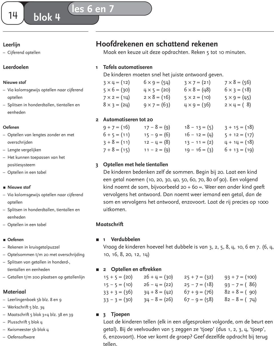 Het kunnen toepassen van het positiesysteem Optellen in een tabel Nieuwe stof Via kolomsgewijs optellen naar cijferend optellen Splitsen in honderdtallen, tientallen en eenheden Optellen in een tabel