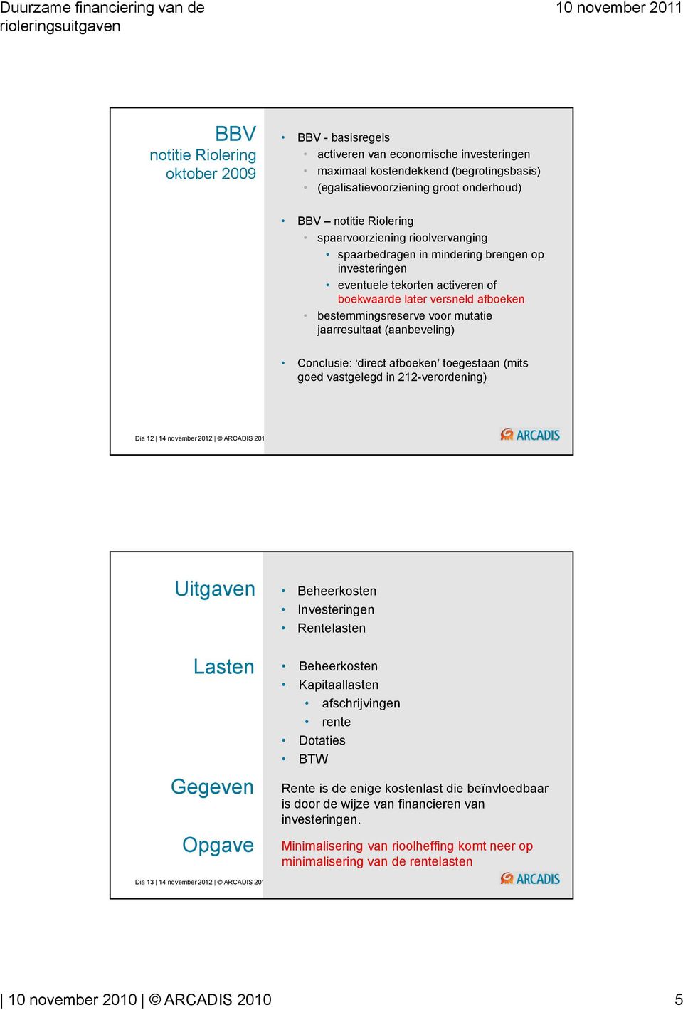 (aanbeveling) Conclusie: direct afboeken toegestaan (mits goed vastgelegd in 212-verordening) Dia 12 14 november 2012 ARCADIS 2012 Uitgaven Beheerkosten Investeringen Rentelasten Lasten Gegeven