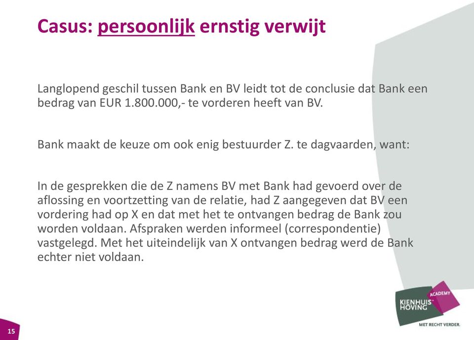 te dagvaarden, want: In de gesprekken die de Z namens BV met Bank had gevoerd over de aflossing en voortzetting van de relatie, had Z aangegeven