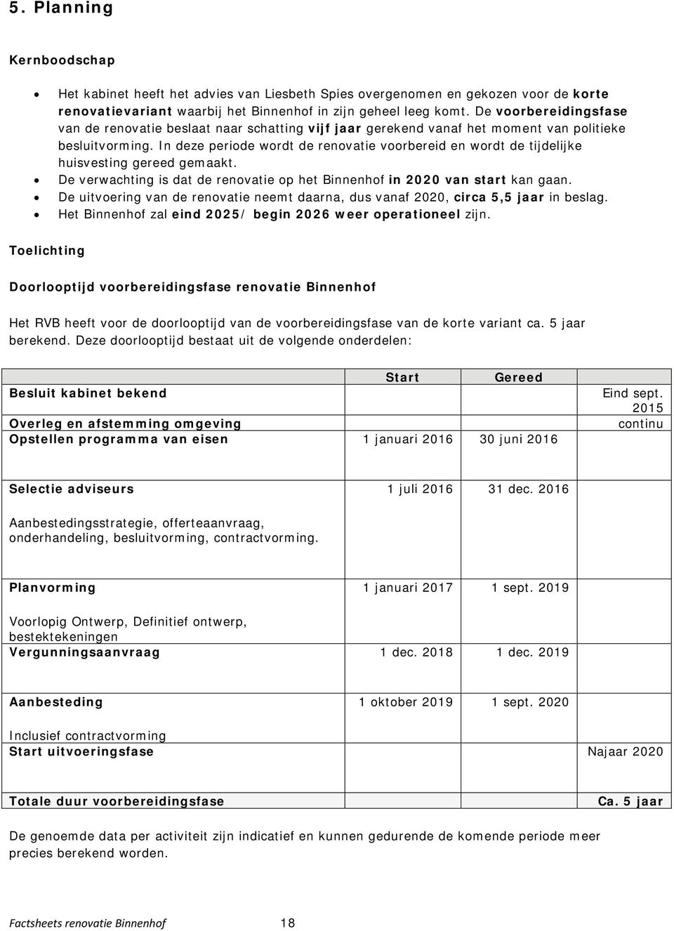 In deze periode wordt de renovatie voorbereid en wordt de tijdelijke huisvesting gereed gemaakt. De verwachting is dat de renovatie op het Binnenhof in 2020 van start kan gaan.