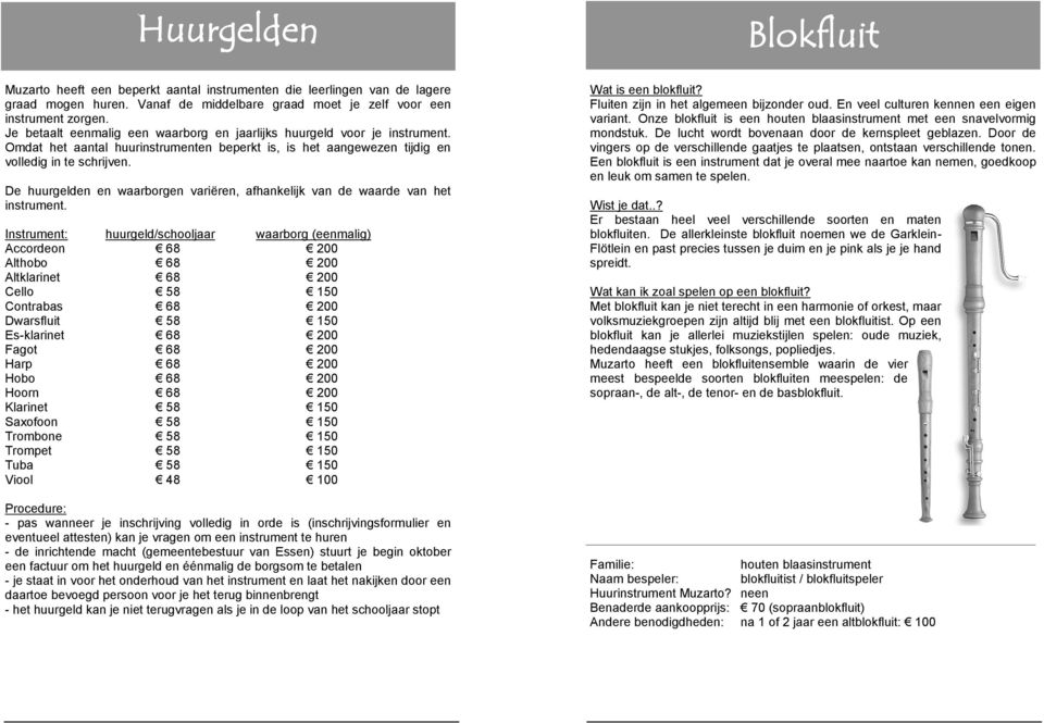 De huurgelden en waarborgen variëren, afhankelijk van de waarde van het instrument.