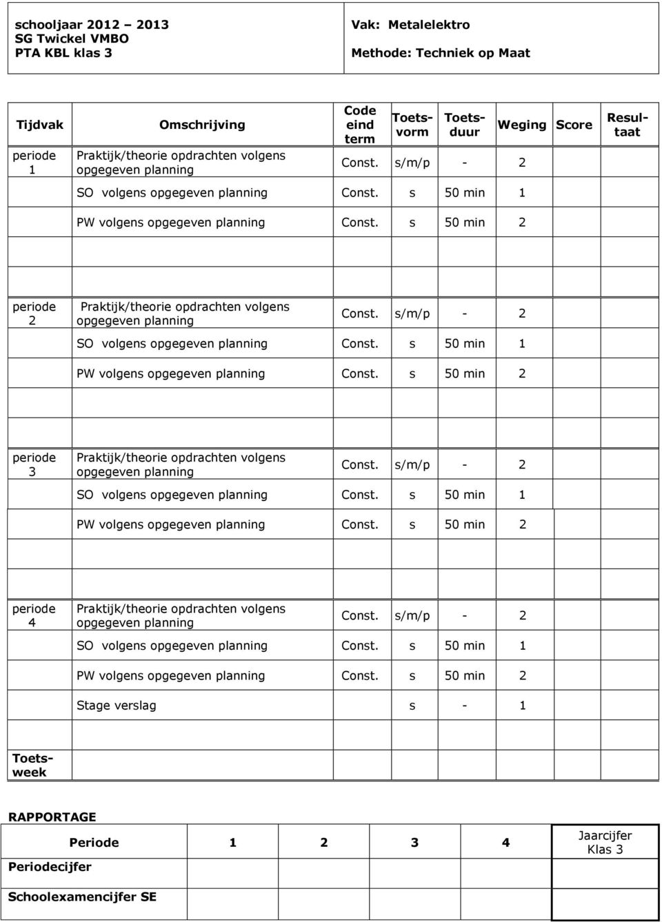 s 50 min PW volgens opgegeven planning Const. s 50 min Stage verslag s - Periode Klas