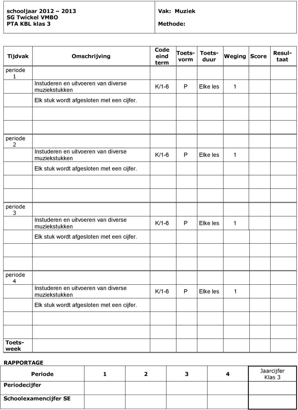 Instuderen en uitvoeren van diverse muziekstukken K/-6 P Elke les Elk stuk  Instuderen en uitvoeren van diverse