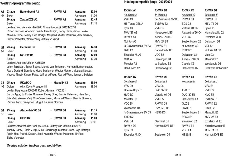 Smirnov, Jelmer Verwater, Wouter Vleij, Jeffrey vd Windt B1 23-aug Germinal B2 - RKWIK B1 Aanvang 14.30 5J Beker Aanwezig 13.00 30-aug SVDPW B1 - RKWIK B1 Aanvang 12.00 Beker Aanwezig 10.