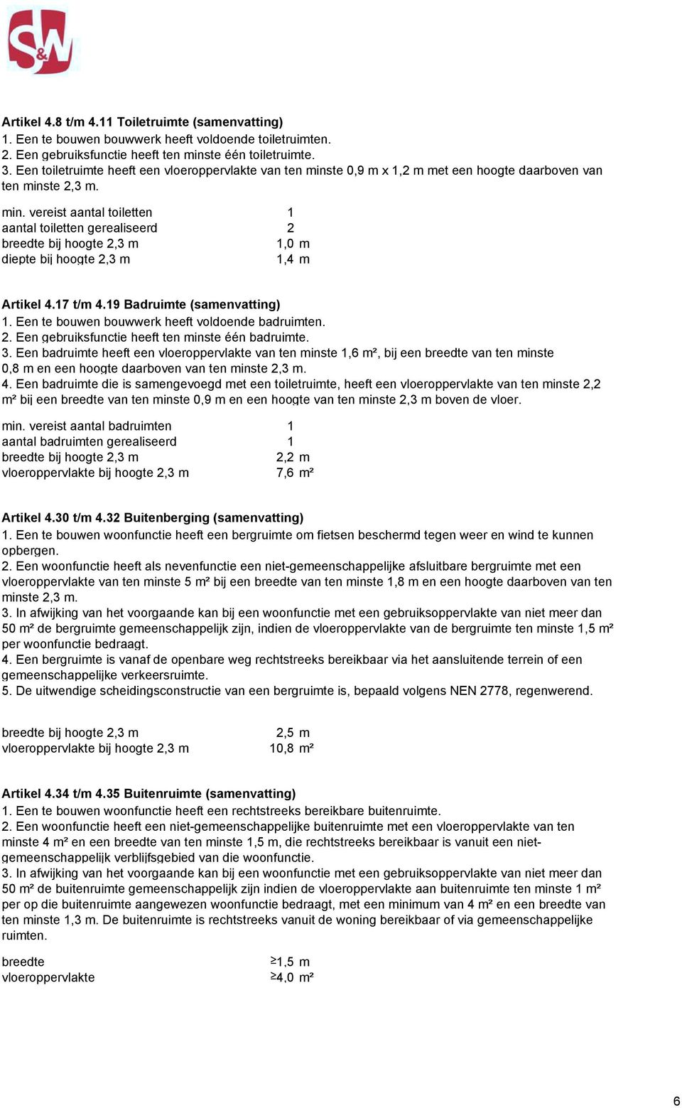 17 t/m 4.19 Badruimte (samenvatting) 1. Een te bouwen bouwwerk heeft voldoende badruimten. 2. Een gebruiksfunctie heeft ten minste één badruimte. 3.