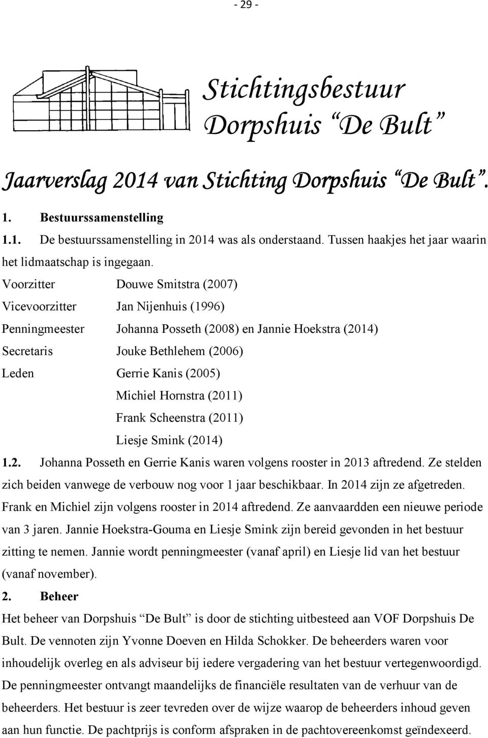 Voorzitter Douwe Smitstra (2007) Vicevoorzitter Jan Nijenhuis (1996) Penningmeester Johanna Posseth (2008) en Jannie Hoekstra (2014) Secretaris Jouke Bethlehem (2006) Leden Gerrie Kanis (2005)