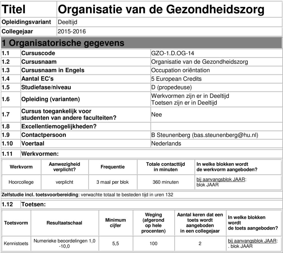 7 Cursus toegankelijk voor studenten van andere faculteiten? 1.8 Excellentiemogelijkheden? Werkvormen zijn er in Deeltijd Toetsen zijn er in Deeltijd 1.9 Contactpersoon B Steunenberg (bas.