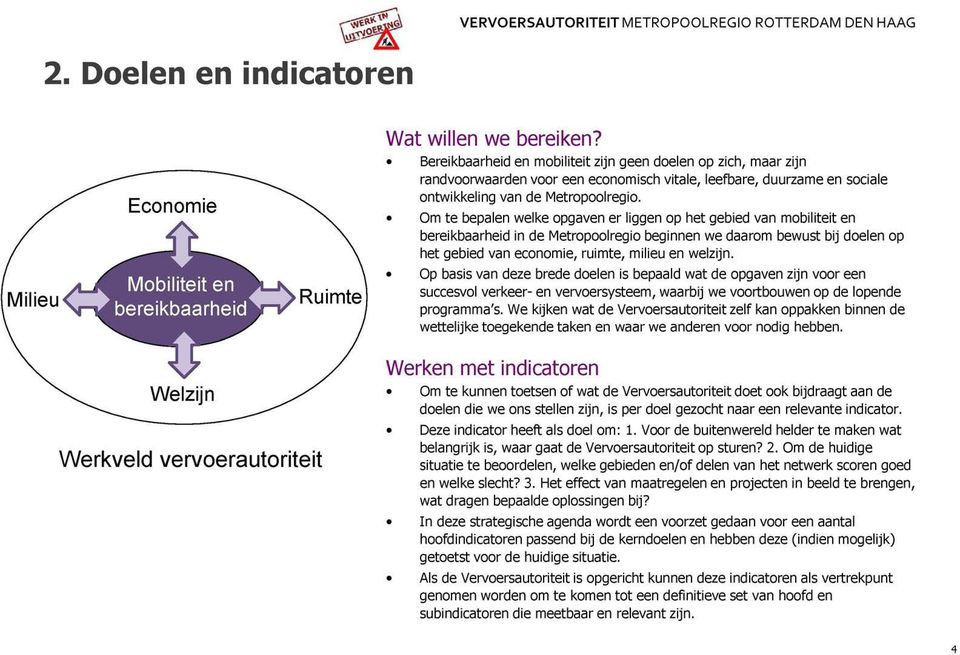 » Om te bepalen welke opgaven er liggen op het gebied van mobiliteit en bereikbaarheid in de Metropoolregio beginnen we daarom bewust bij doelen op het gebied van economie, ruimte, milieu en welzijn.