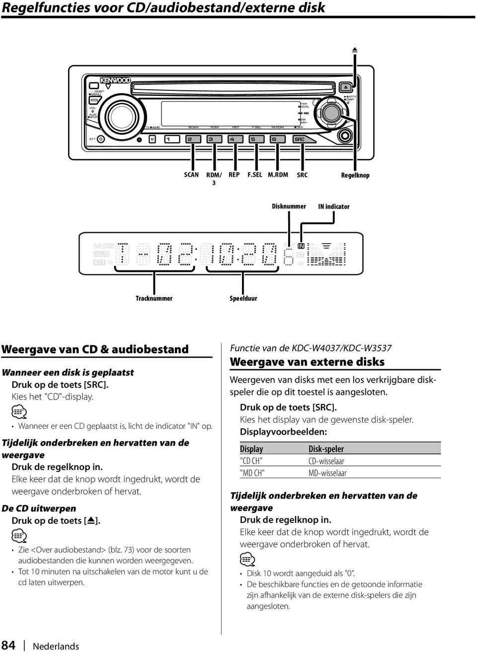 Elke keer dat de knop wordt ingedrukt, wordt de weergave onderbroken of hervat. De CD uitwerpen Druk op de toets [0]. Zie <Over audiobestand> (blz.