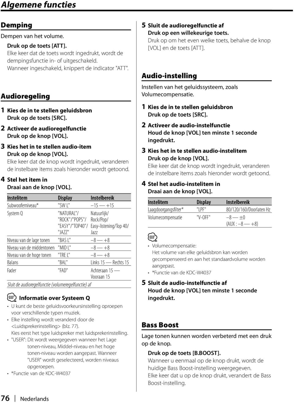 3 Kies het in te stellen audio-item Druk op de knop [VOL]. Elke keer dat de knop wordt ingedrukt, veranderen de instelbare items zoals hieronder wordt getoond.