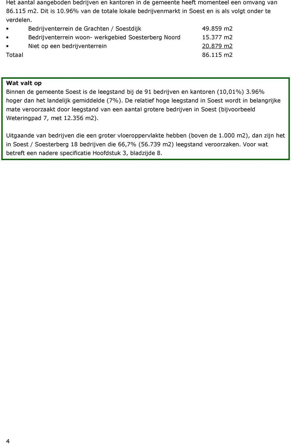 115 m2 Wat valt op Binnen de gemeente Soest is de leegstand bij de 91 bedrijven en kantoren (10,01%) 3.96% hoger dan het landelijk gemiddelde (7%).