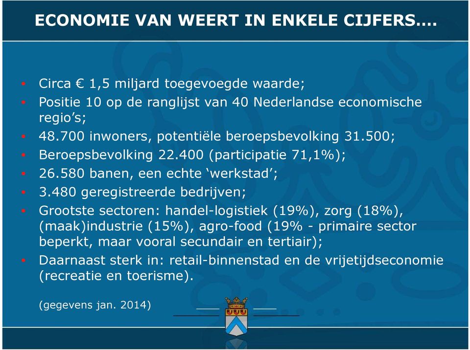 700 inwoners, potentiële beroepsbevolking 31.500; Beroepsbevolking 22.400 (participatie 71,1%); 26.580 banen, een echte werkstad ; 3.