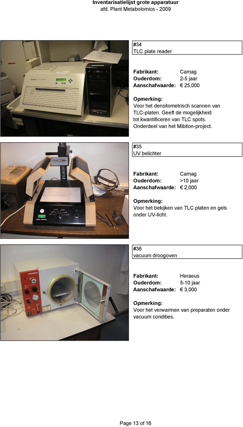 #35 UV belichter Fabrikant: Camag Aanschafwaarde: 2,000 Voor het bekijken van TLC platen en gels onder UV-licht.