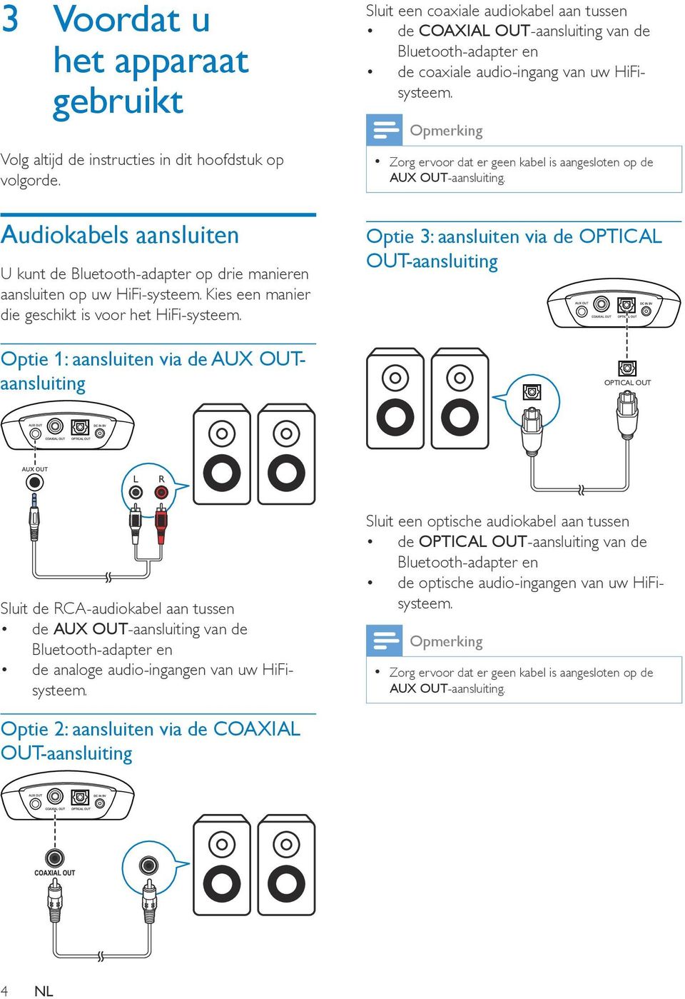 Optie 1: aansluiten via de AUX OUTaansluiting Sluit een coaxiale audiokabel aan tussen de COAXIAL OUT-aansluiting van de Bluetooth-adapter en de coaxiale audio-ingang van uw HiFisysteem.