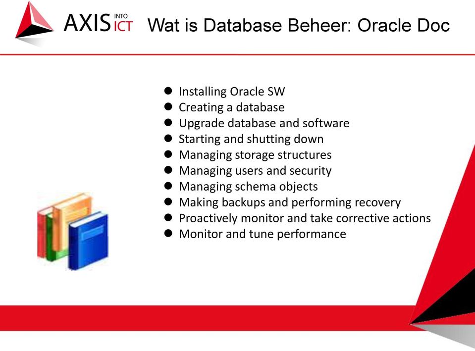 structures Managing users and security Managing schema objects Making backups and