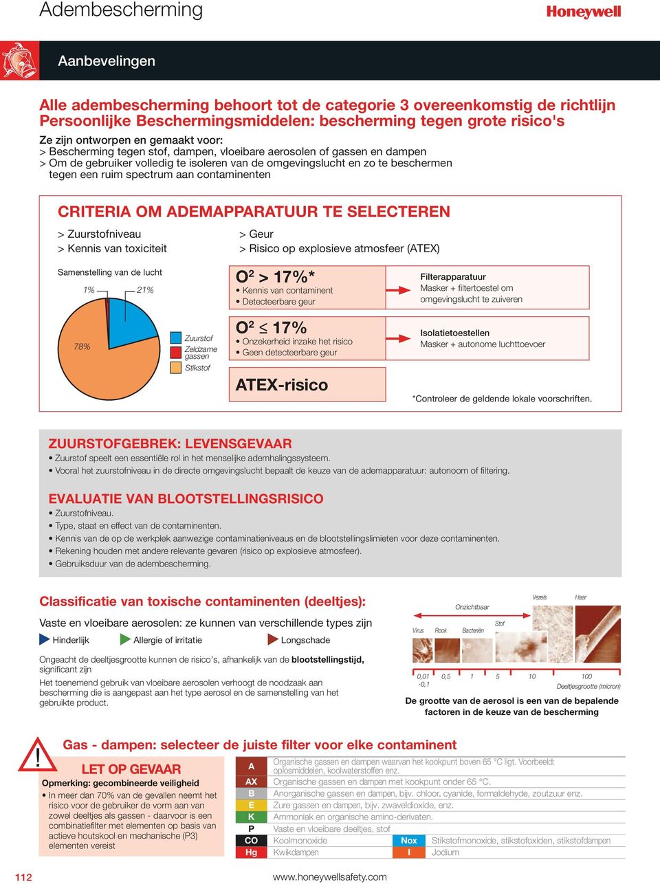 CRITERIA OM ADEMAPPARATUUR TE SELECTEREN > Zuurstofniveau > Geur > Kennis van toxiciteit > Risico op explosieve atmosfeer (ATEX) Samenstelling van de lucht 1% 21% O 2 > 17%* Kennis van contaminent