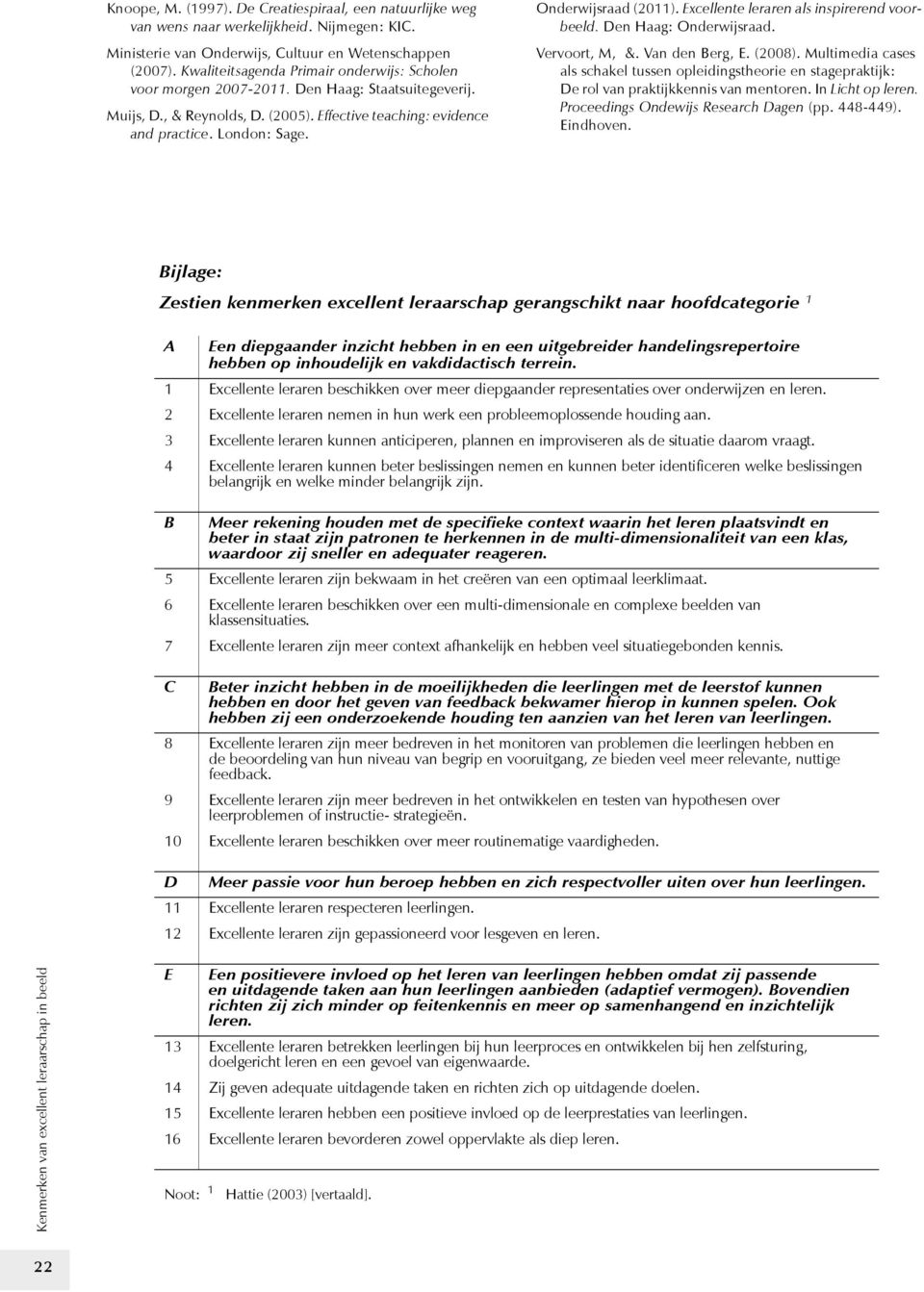 Onderwijsraad (2011). Excellente leraren als inspirerend voorbeeld. Den Haag: Onderwijsraad. Vervoort, M, &. Van den Berg, E. (2008).