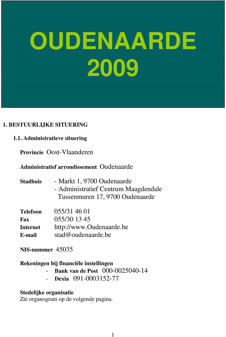 1. Administratieve situering Provincie Oost-Vlaanderen Administratief arrondissement Oudenaarde Stadhuis - Markt 1, 9700