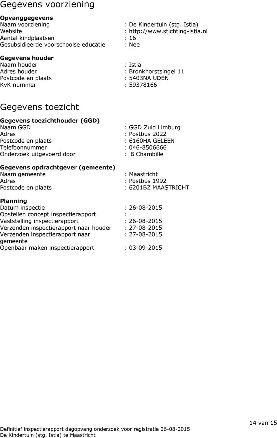 Gegevens toezicht Gegevens toezichthouder (GGD) Naam GGD : GGD Zuid Limburg Adres : Postbus 2022 Postcode en plaats : 6160HA GELEEN Telefoonnummer : 046-8506666 Onderzoek uitgevoerd door : B