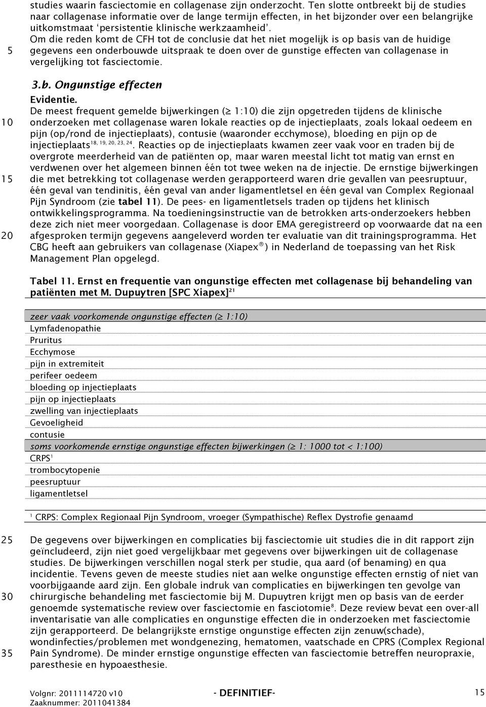 Om die reden komt de CFH tot de conclusie dat het niet mogelijk is op basis van de huidige gegevens een onderbouwde uitspraak te doen over de gunstige effecten van collagenase in vergelijking tot