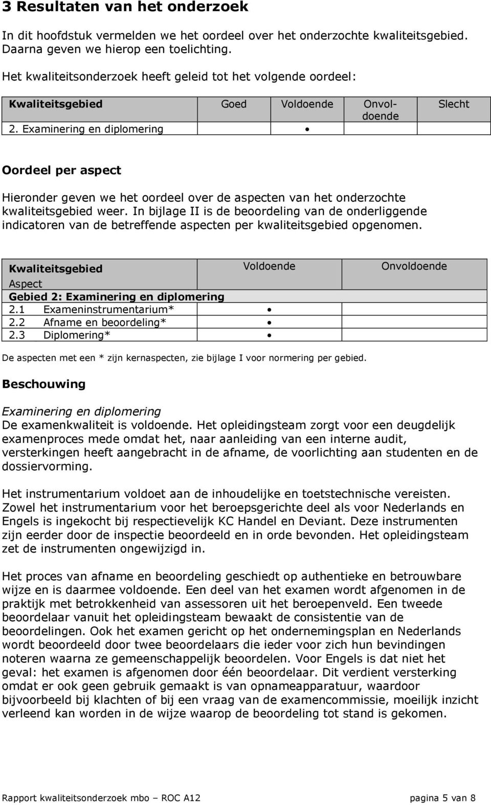 Examinering en diplomering Slecht Oordeel per aspect Hieronder geven we het oordeel over de aspecten van het onderzochte kwaliteitsgebied weer.