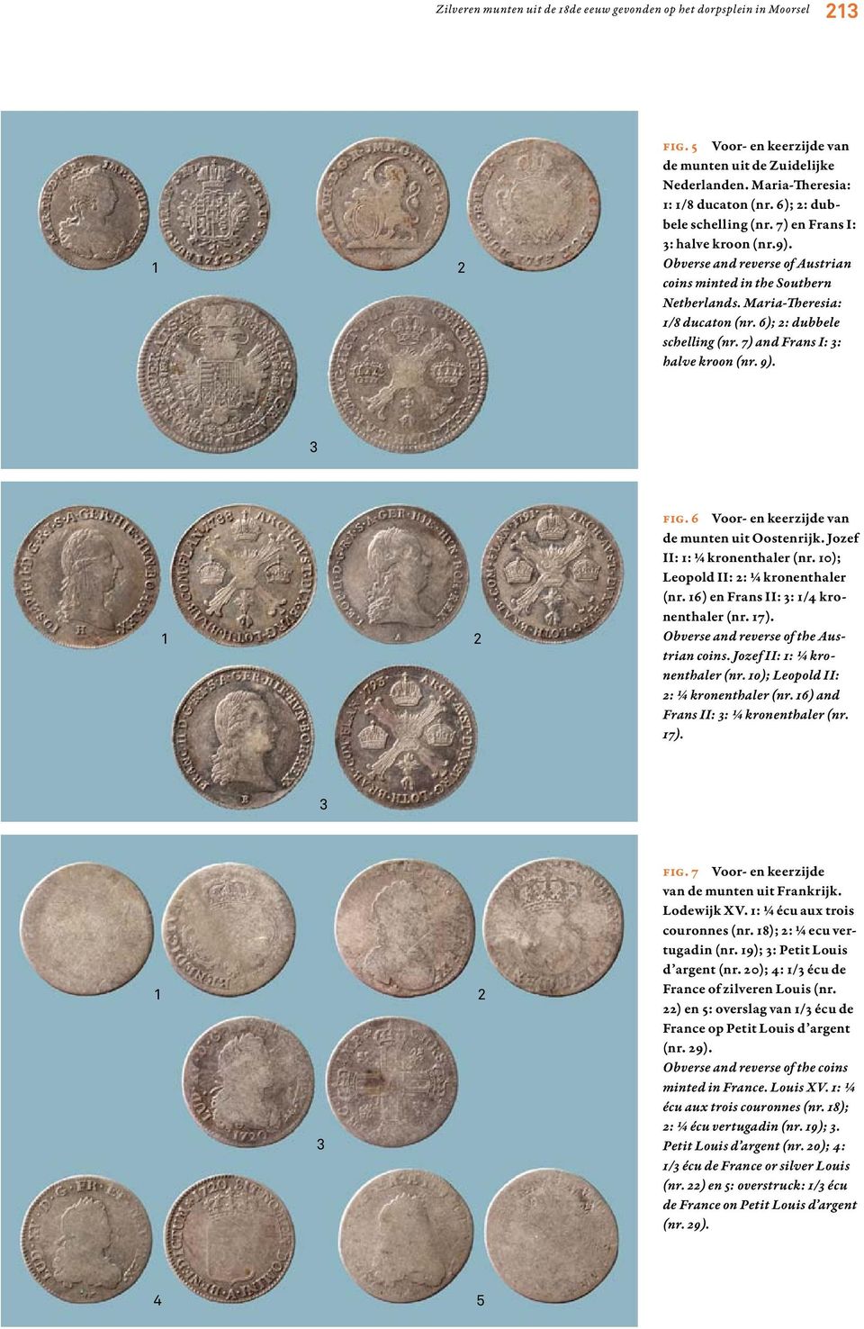 6); 2: dubbele schelling (nr. 7) and Frans I: 3: halve kroon (nr. 9). 3 1 2 Fig. 6 Voor- en keerzijde van de munten uit Oostenrijk. Jozef II: 1: ¼ kronenthaler (nr.